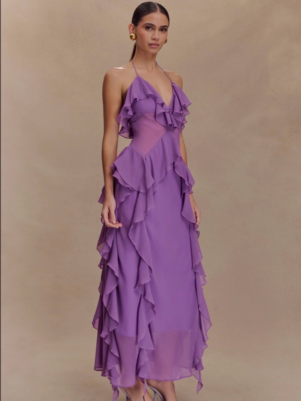 Meshki Aleyna Lavender Halter Ruffle Maxi Dress - Picture 2 of 7